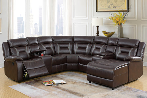 Motion Sectional in Dark Brown Leatherette with a Push Back Chaise