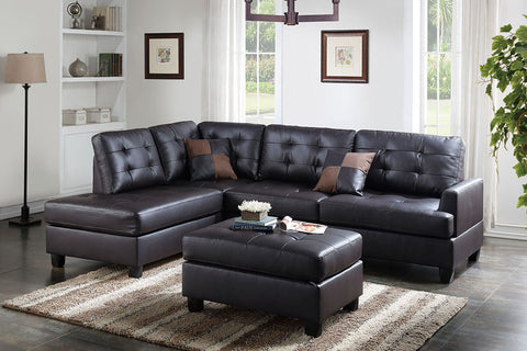 3-Piece Sectional in Espresso Faux Leather with Ottoman