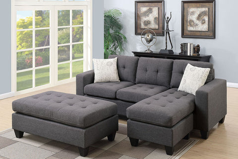 Modern Sectional in Blue Grey Linen with Ottoman