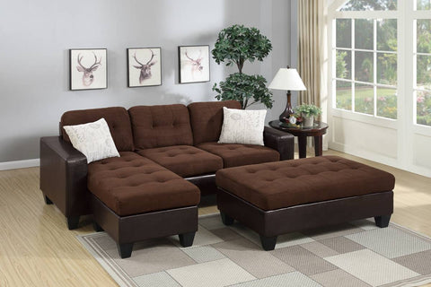 Contemporary Sectional in Chocolate Microfiber and Faux Leather with Ottoman