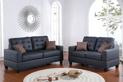 2 Piece Faux Leather Sofa Set in Black with Accent Tufting