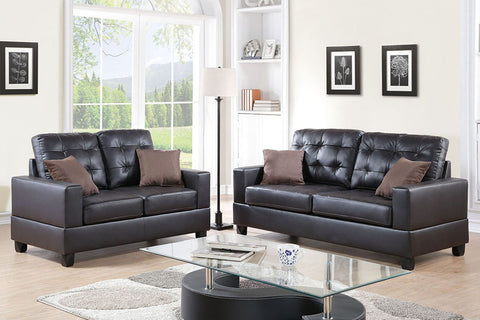 2 Piece Faux Leather Sofa Set in Espresso with Accent Tufting