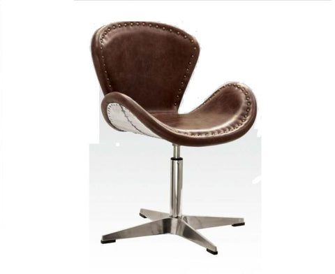 Retro Brown Leather Aluminum Swivel Accent Chair