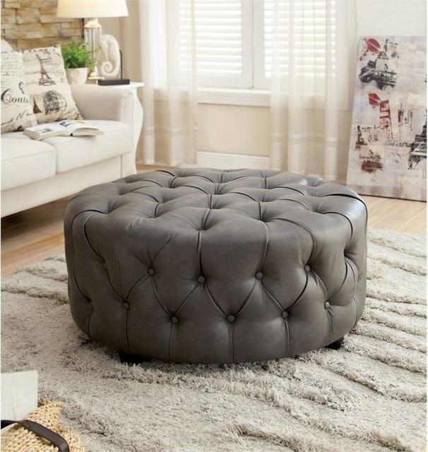 Tufted Round Ottoman, in Gray bonded leather