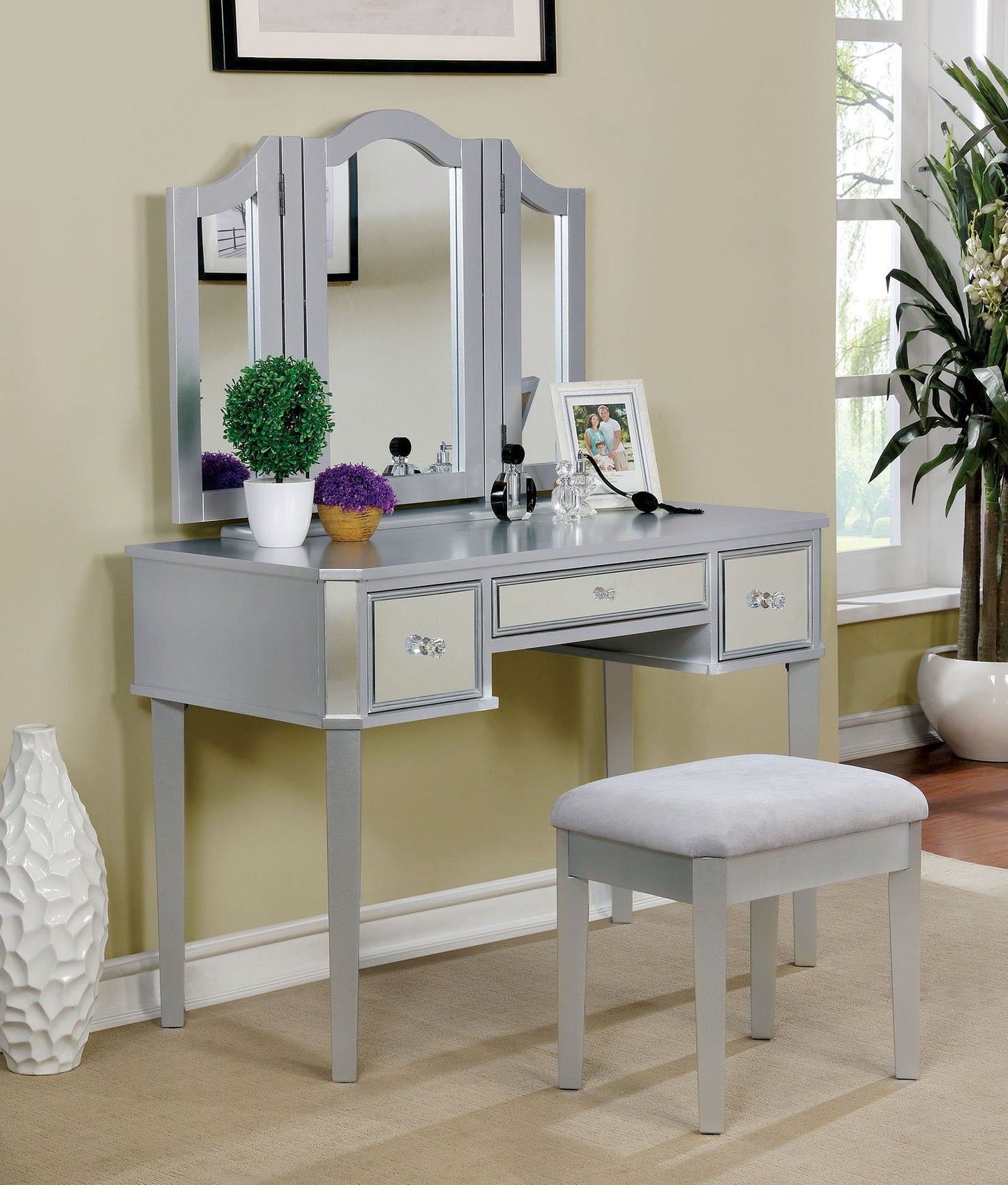 Clarisse Vanity Table with Bench Set, Silver