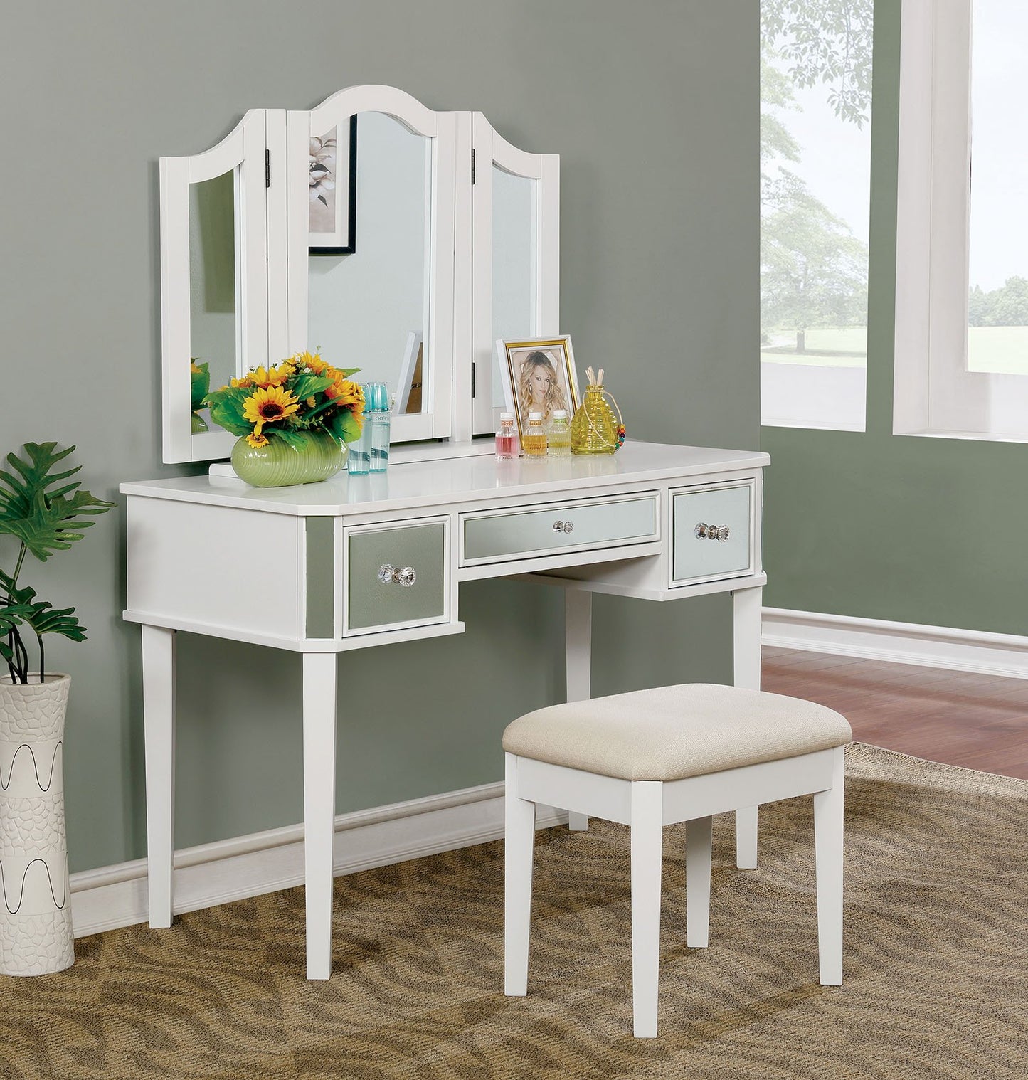 Clarisse Vanity Table with Bench Set, Silver