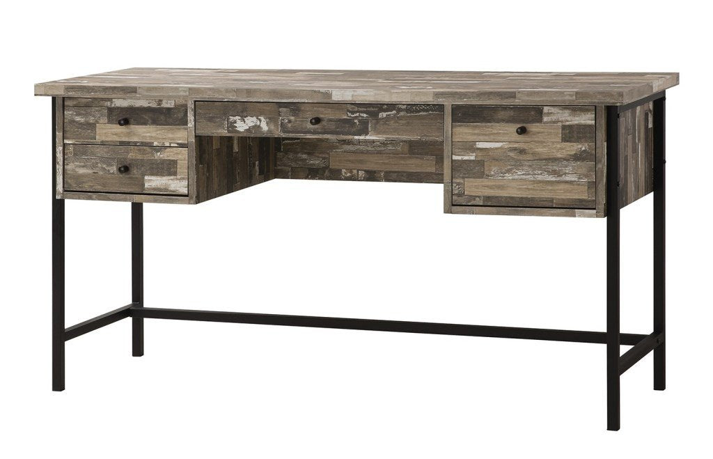 Salvaged Cabin Wood Writing Desk With 4 Drawers, Black Metal Base
