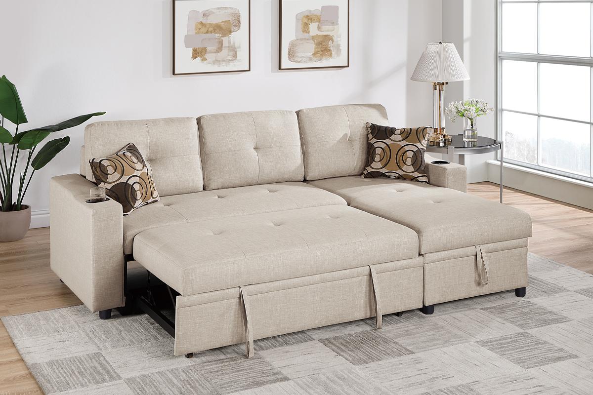 Reversible Convertible Sectional W/Cup Holders & Storage - Beige