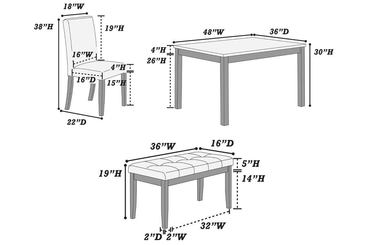 5-Pcs Dining Set - Table + 3 Chairs + Bench