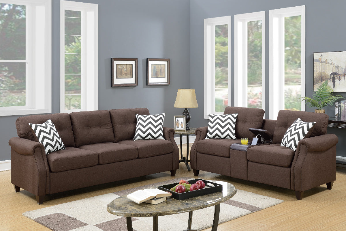 Sofa & Loveseat W/USB Console-Dark Coffee