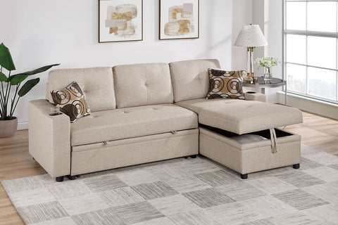 Reversible Convertible Sectional W/Cup Holders & Storage - Beige