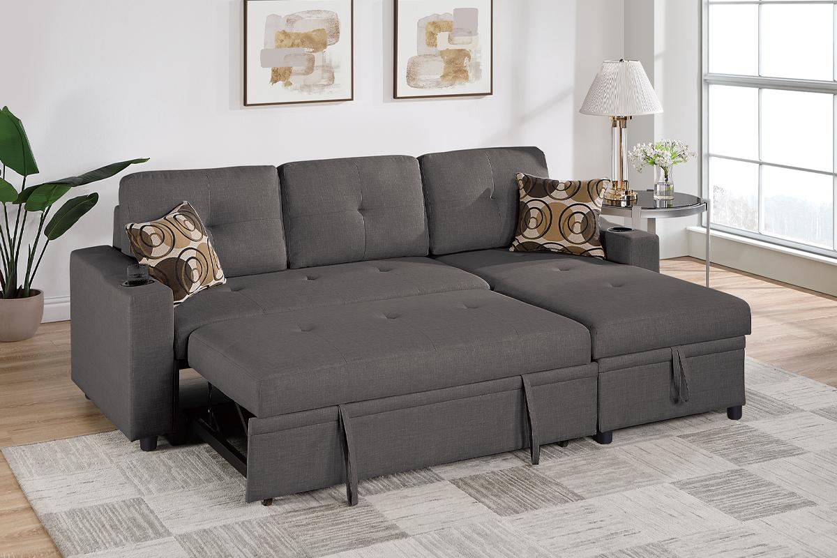 Reversible Convertible Sectional W/Cup Holders & Storage - Ash Black