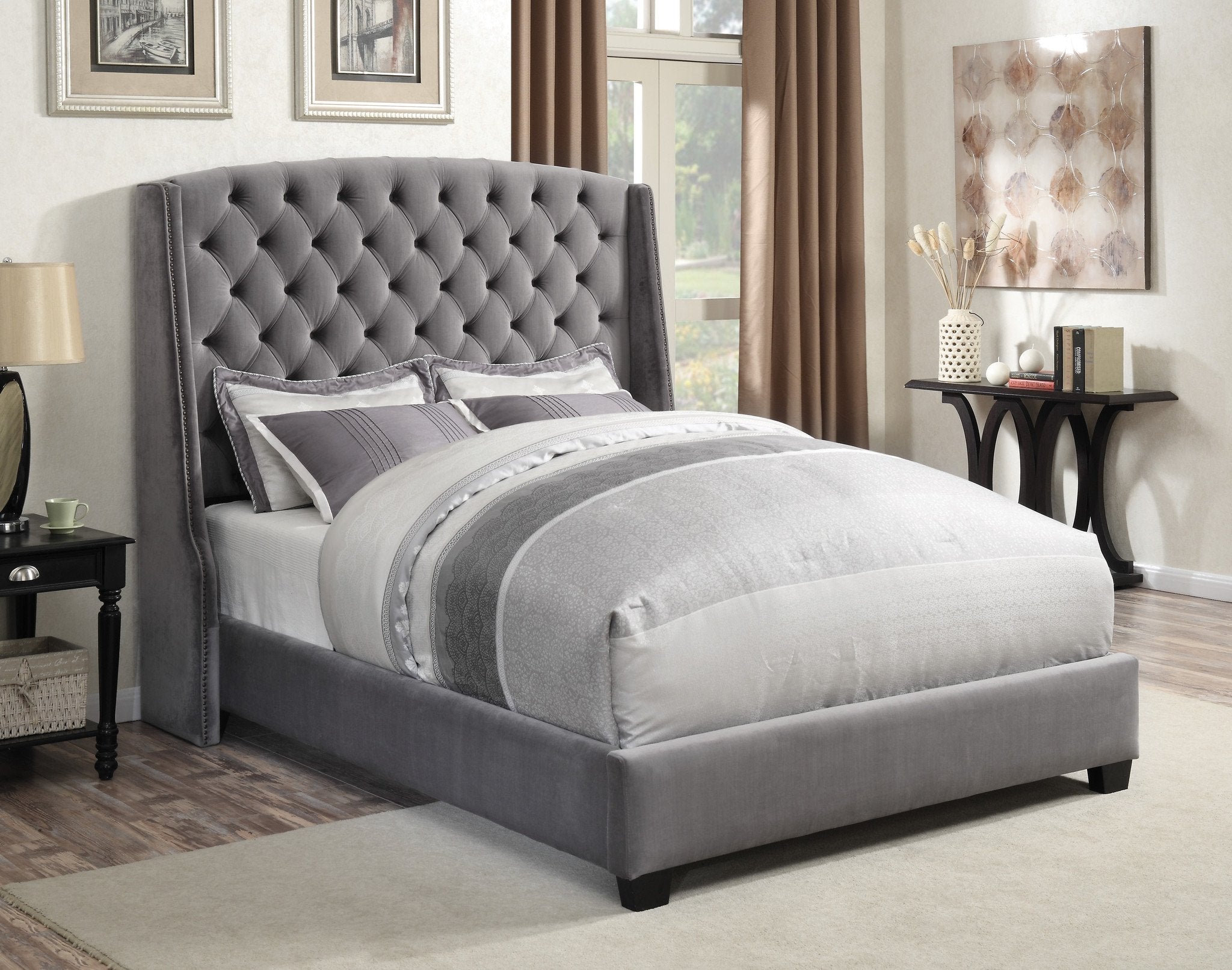 Grey Velvet Upholstered Bed – Astar Furniture