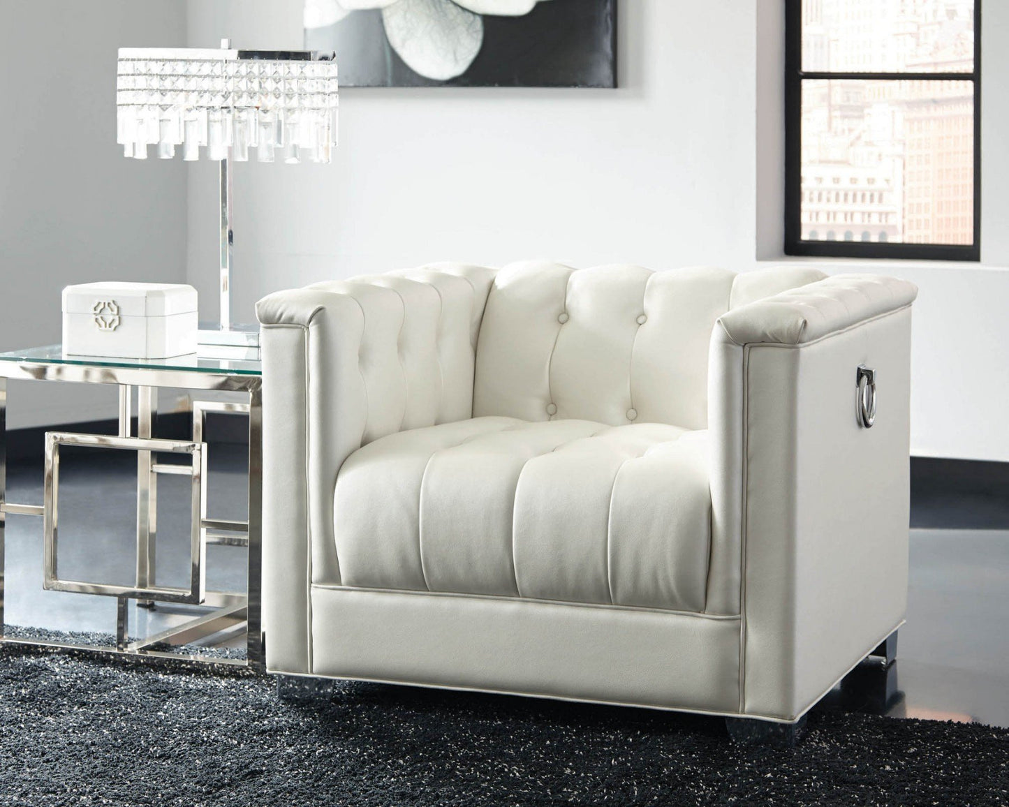 Pearl White Leatherette Tufted Sofa