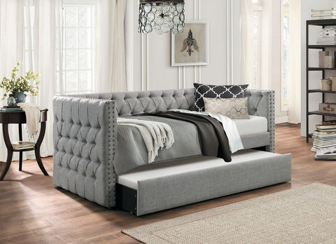 Button Tufted Nailhead Trim Upholstered Daybed With Trundle, Gray