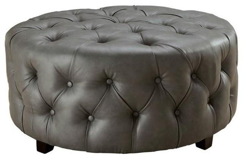 Tufted Round Ottoman, in Gray bonded leather