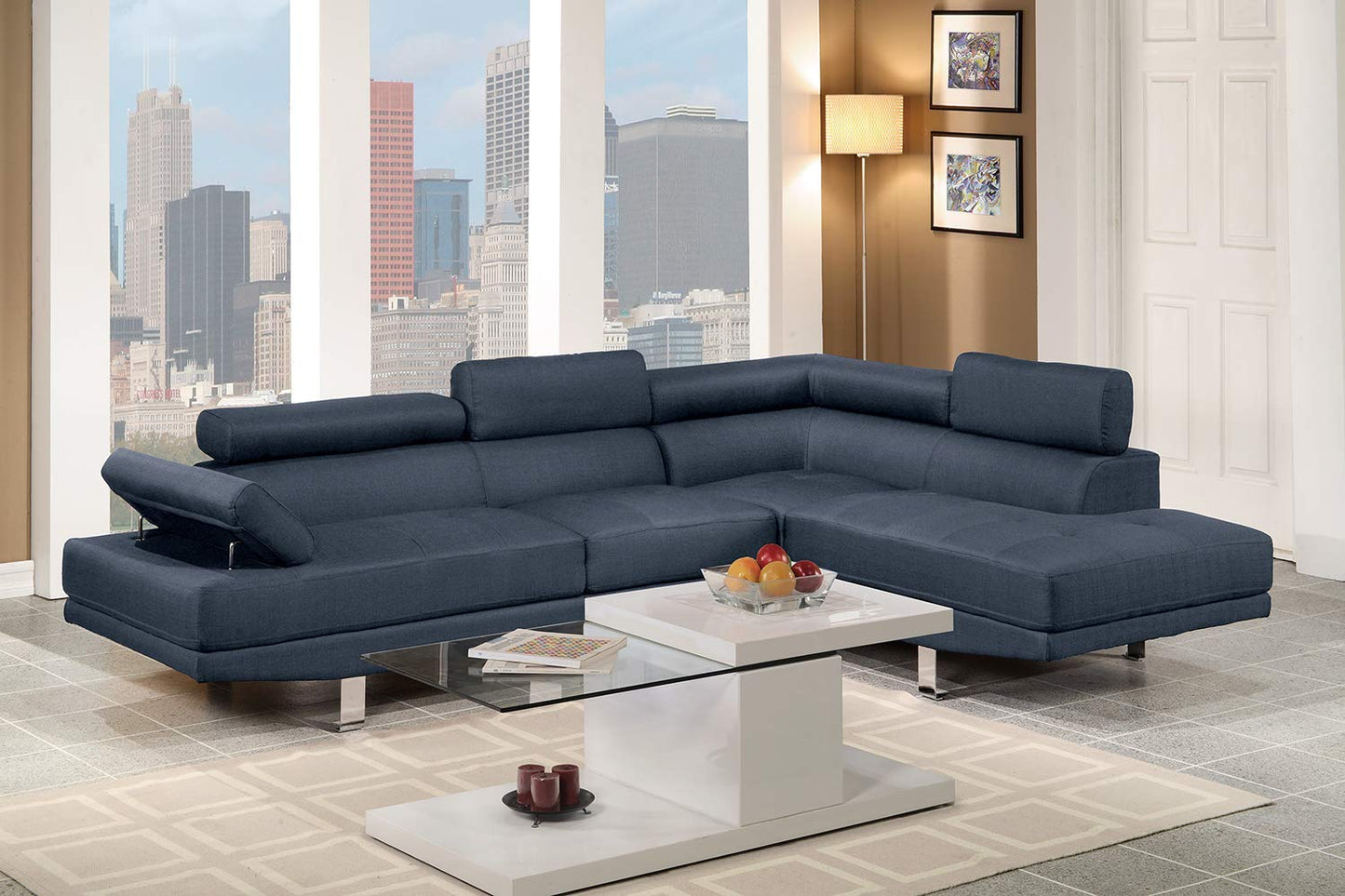 2 Pieces Sectional Right Chaise Sofa - Navy Blue