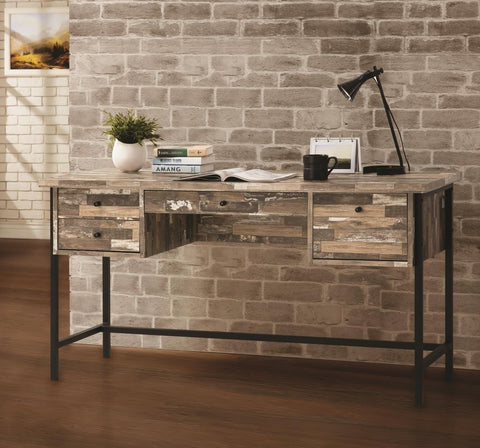 Salvaged Cabin Wood Writing Desk With 4 Drawers, Black Metal Base