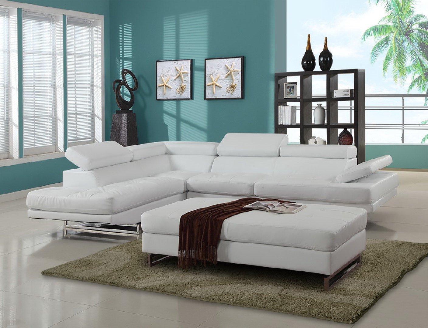 sectional With Adjustable Headrests, in White