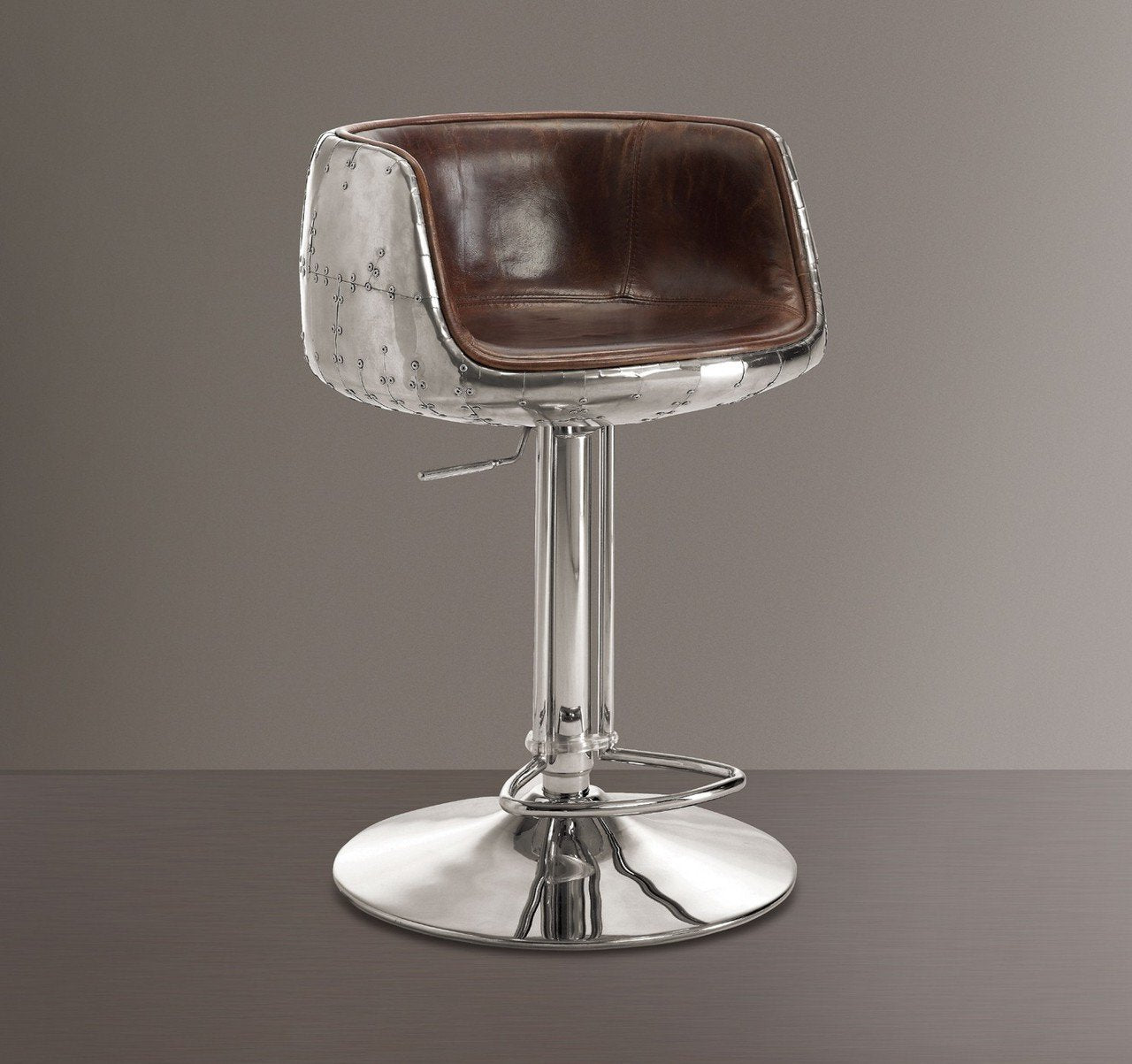 Brancaster Adjustable Stool w/ Swivel in Vintage Brown Top Grain Leather & Aluminum