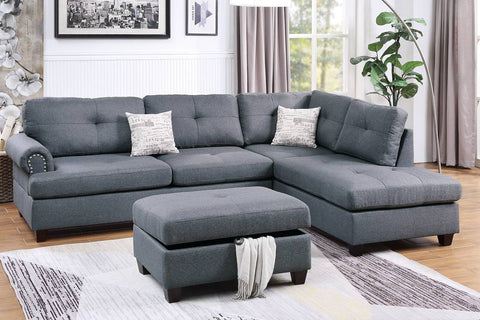 Blue Grey Sectional Sofa with Storage Ottoman