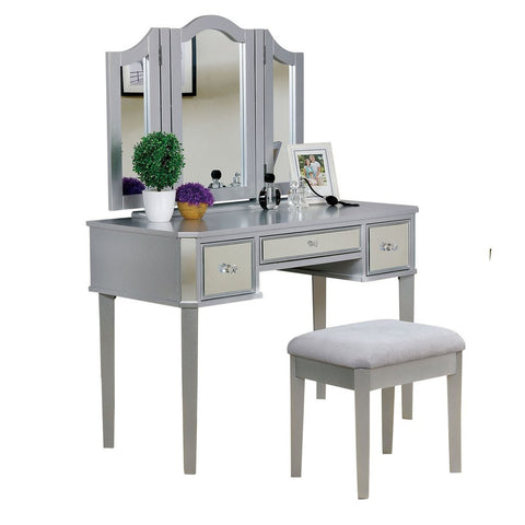 Clarisse Vanity Table with Bench Set, Silver