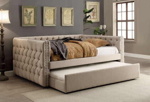 Comtemporary Tufted Twin/Twin Daybed With Trundle, Ivory