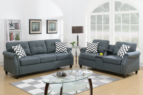 2 Piece Sofa Set in Blue Grey with Love Seat USB Console