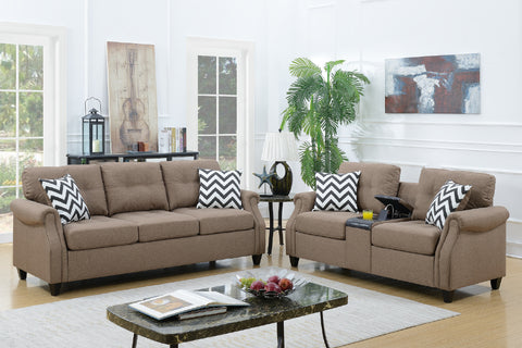 2 Piece Sofa Set in Light Coffee with Love Seat USB Console