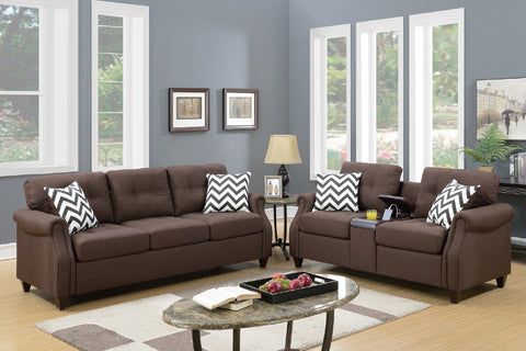 2 Piece Sofa Set in Dark Coffee with Love Seat USB Console