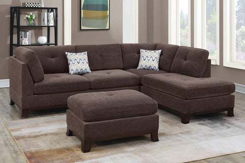3-Piece Sectional in Dark Coffee Chenille with Ottoman