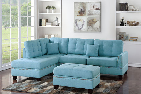 Studded 3-Piece Sectional Sofa in Blue with Ottoman