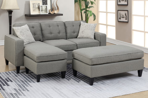 Light Grey Reversible 3-Piece Sectional Sofa with Ottoman