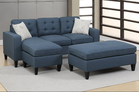 Navy Reversible 3-Piece Sectional Sofa with Ottoman