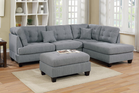 Grey Linen 3-Piece Sectional Sofa with Ottoman