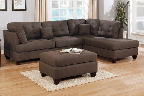 Chocolate Linen 3-Piece Sectional Sofa with Ottoman