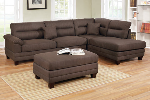 Simple 3-Piece Sectional Sofa in Chocolate with Ottoman