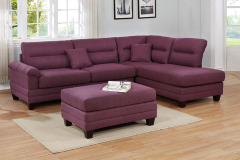 Simple 3-Piece Sectional Sofa in Purple with Ottoman