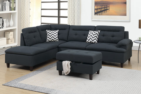 Modern 3-Piece Sectional Sofa in Black with Ottoman