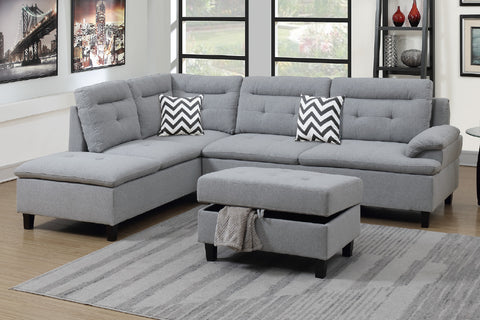 Modern 3-Piece Sectional Sofa in Light Grey with Ottoman