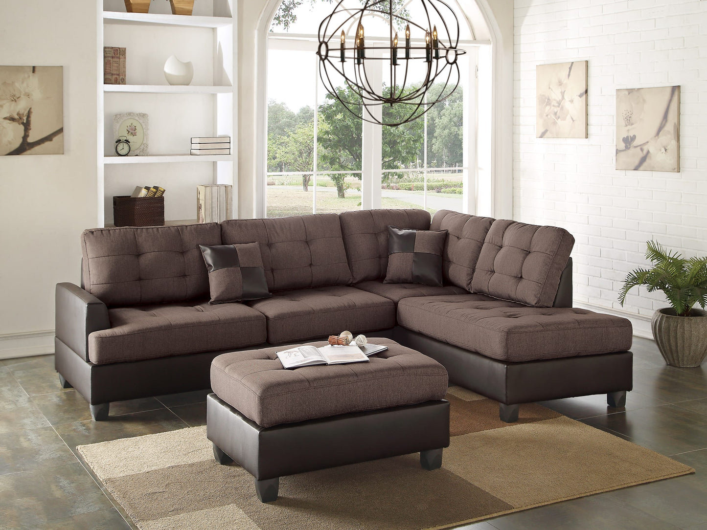 Truffle 3-Piece Sectional Sofa in Chocolate with Ottoman