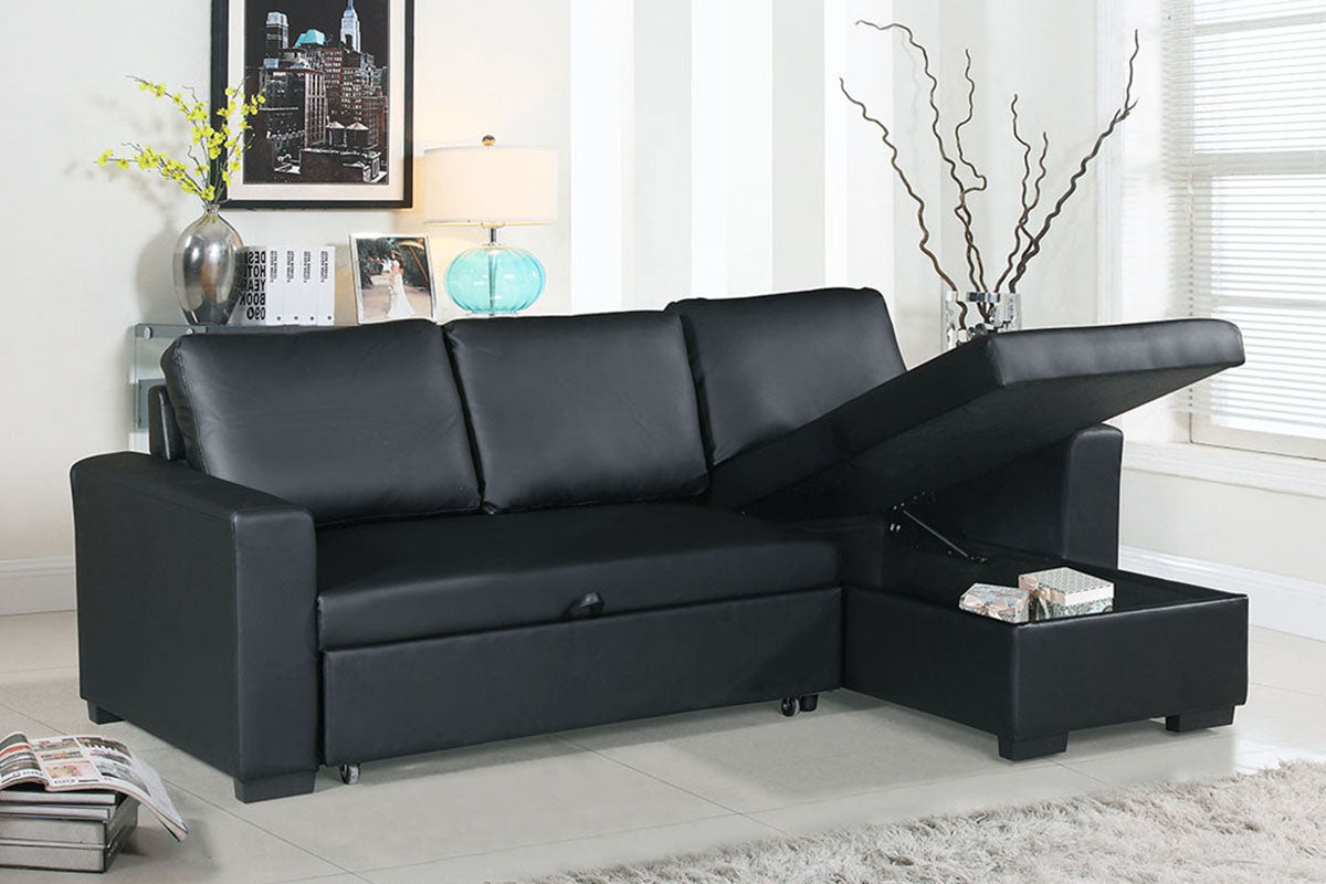 Black Faux Leather Convertible Sectional with a Storage Chaise