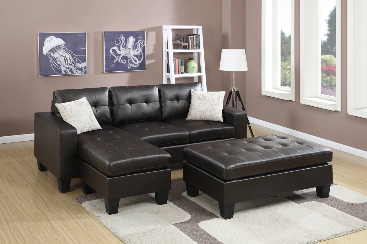 Contemporary Sectional in Espresso Bonded Leather with Ottoman