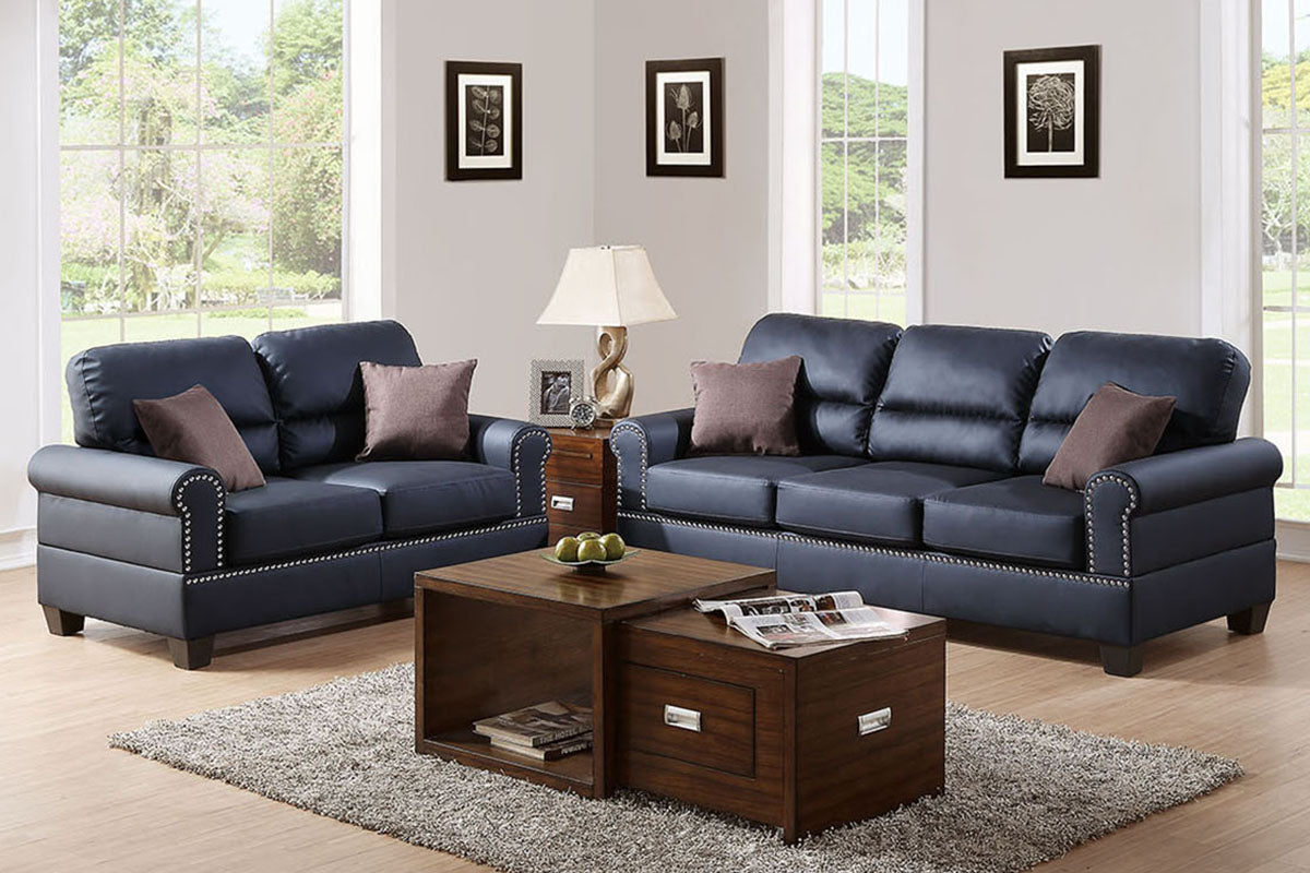 2 Piece Black Bonded Leather Sofa Set with Nailhead Trim