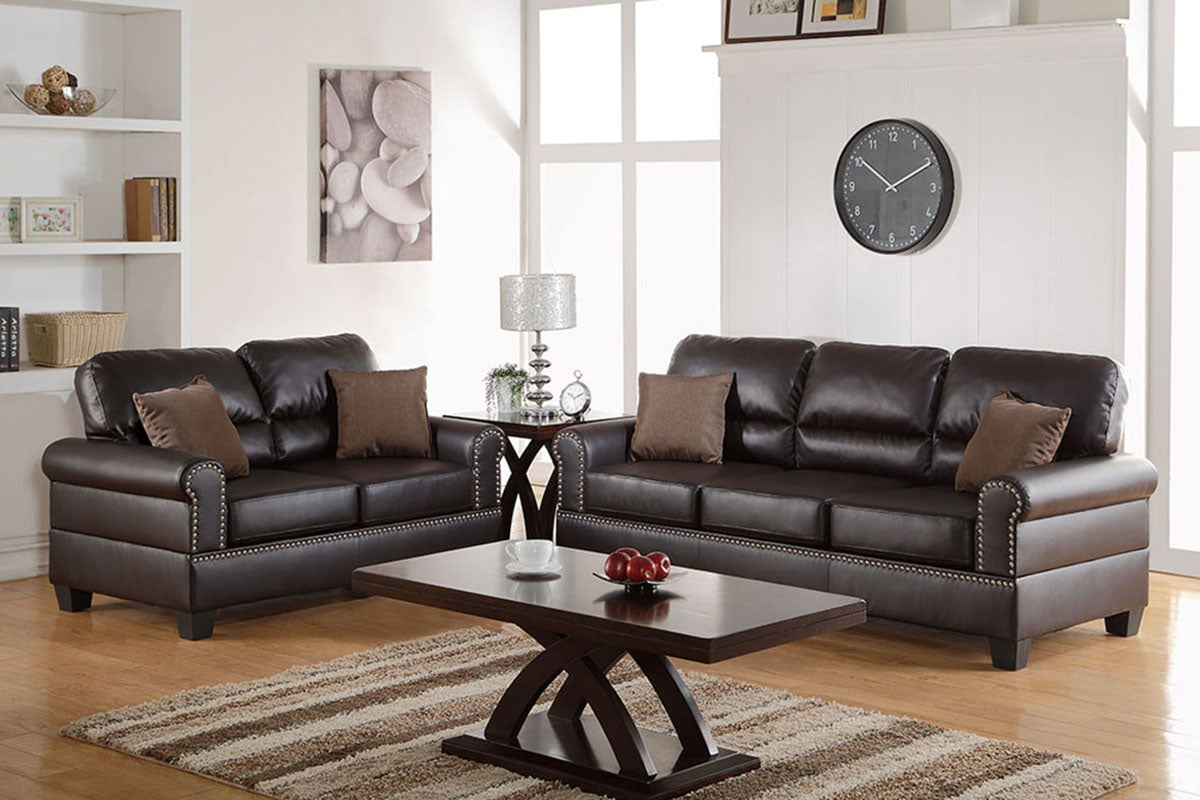 2 Piece Espresso Bonded Leather Sofa Set with Nailhead Trim