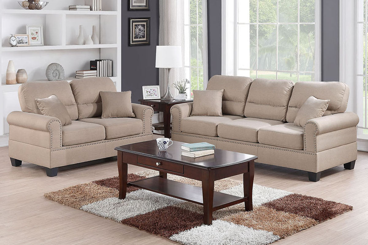 2 Piece Beige Sofa Set with Nailhead Trim