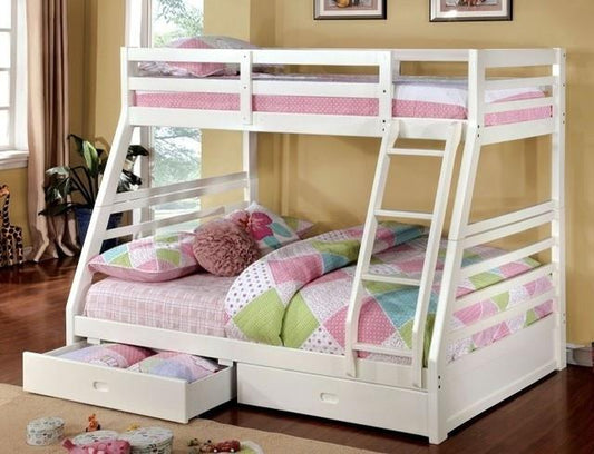 California White Finish Twin/full Bunk Bed W/ 2 Drawers