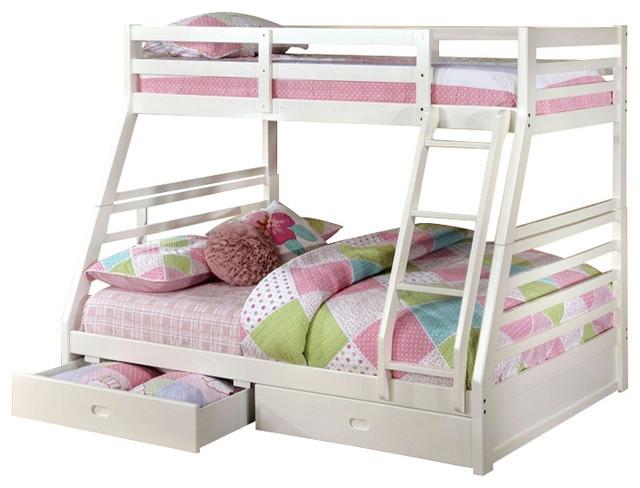 California White Finish Twin/full Bunk Bed W/ 2 Drawers