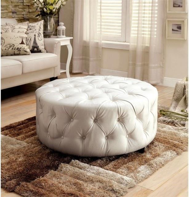 Tufted Round Ottoman, in white bonded leather