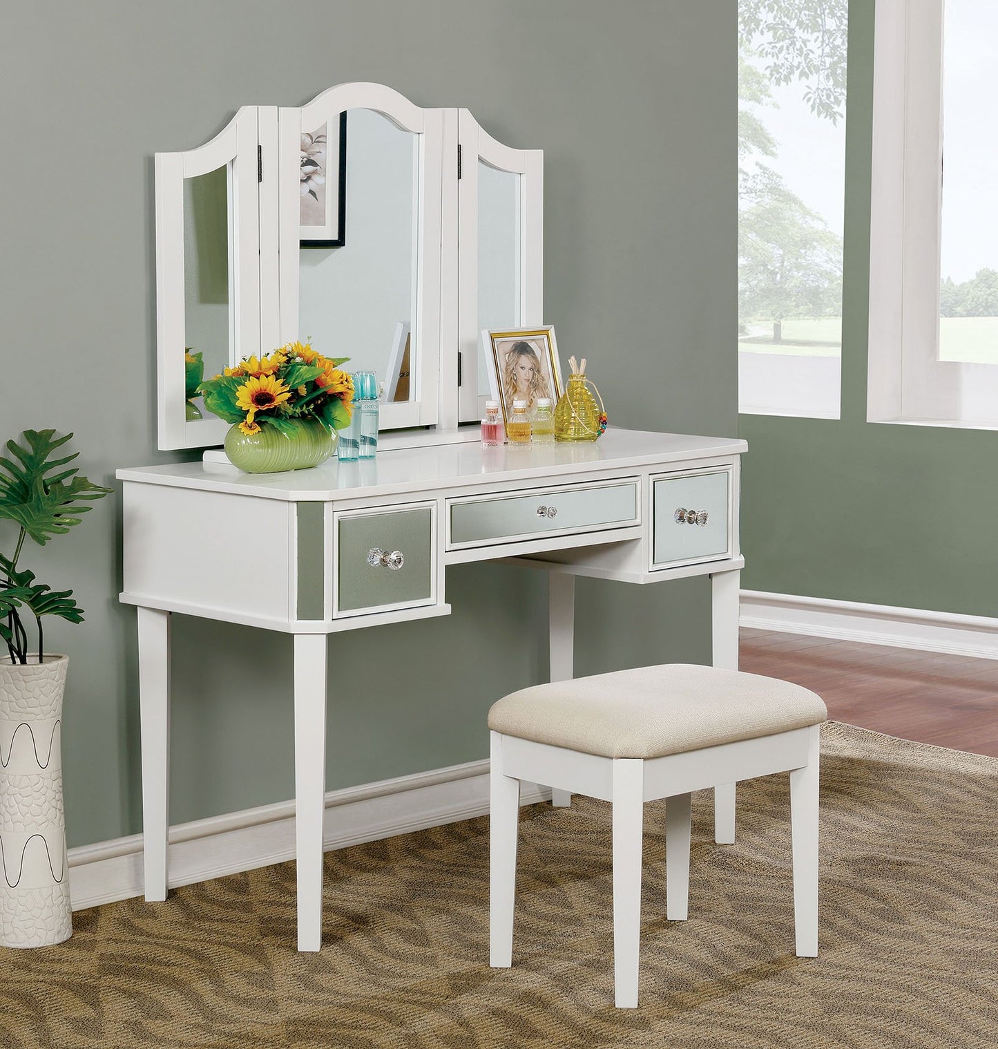 Clarisse Vanity Table with Bench Set, White